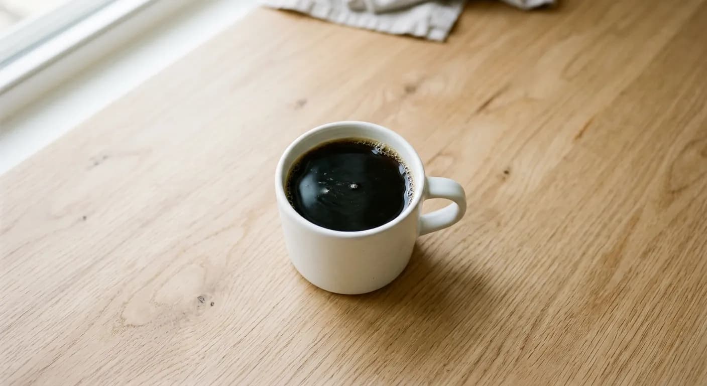 A cup of black coffee on a light wooden kitchen counter in morning light