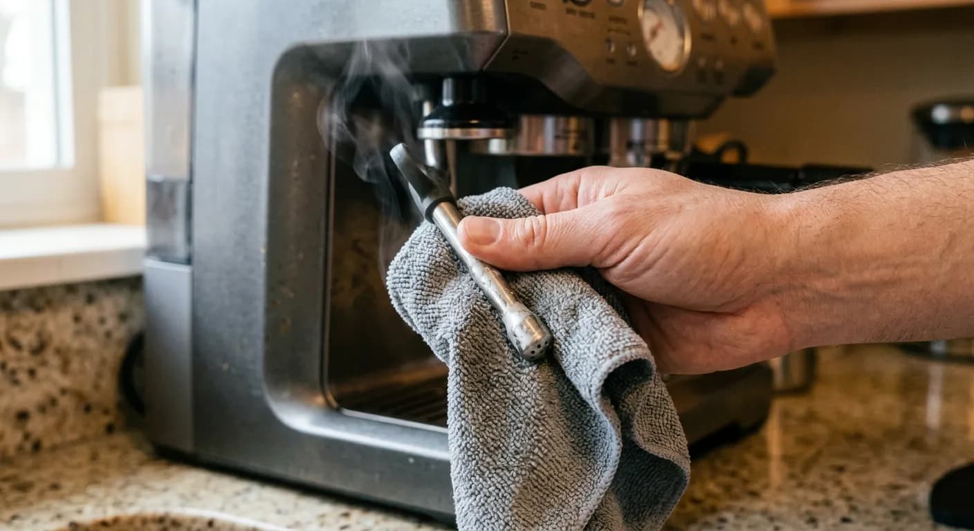 Hand wiping the steam wand of a home espresso machine clean with a cloth immediately after steaming milk, faint steam still visible