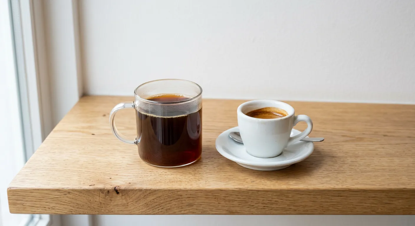 A cup of espresso on a saucer beside a glass mug of black filter coffee on a light oak counter
