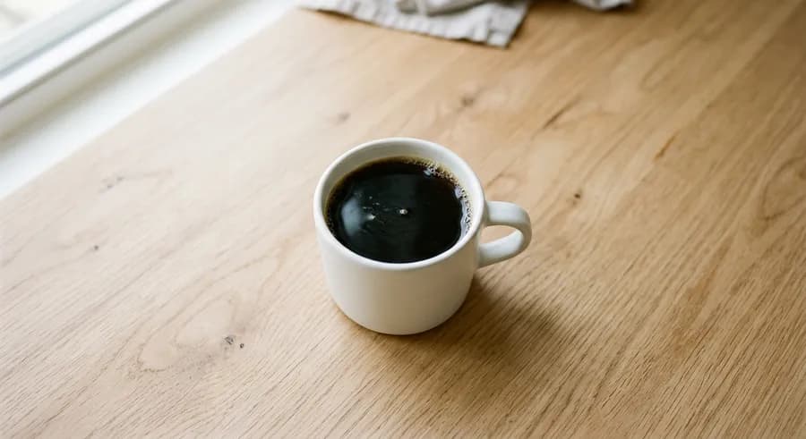 A cup of black coffee on a light wooden kitchen counter in morning light