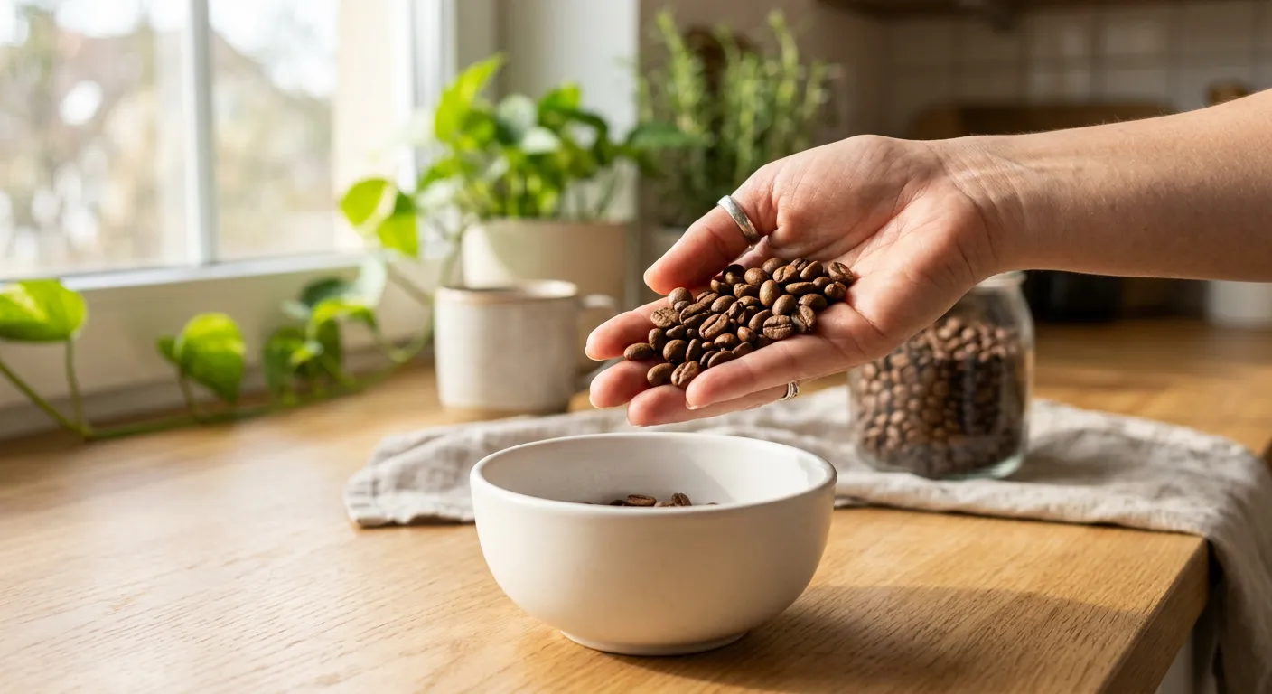 A hand holding whole roasted coffee beans above a white ceramic bowl on a kitchen counter, examining beans before grinding